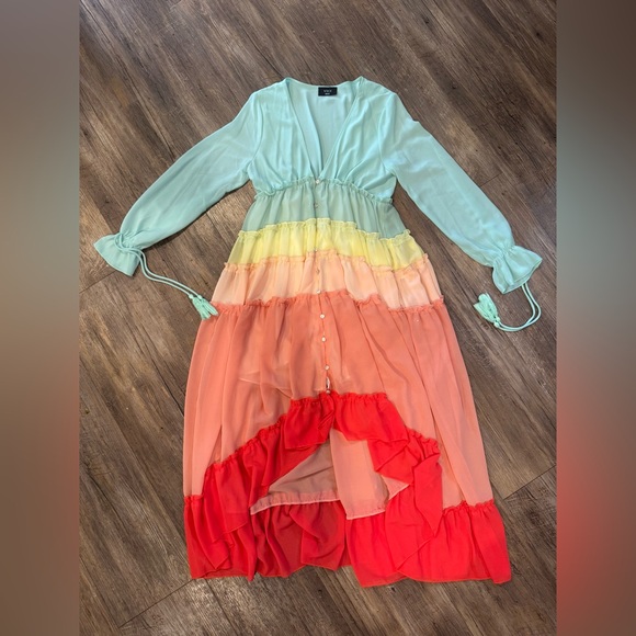 Vici Wavelength Rainbow Dress Tiered Ruffle Pastel Hi Lo Maxi Beach Dress Sz S - Picture 2 of 9